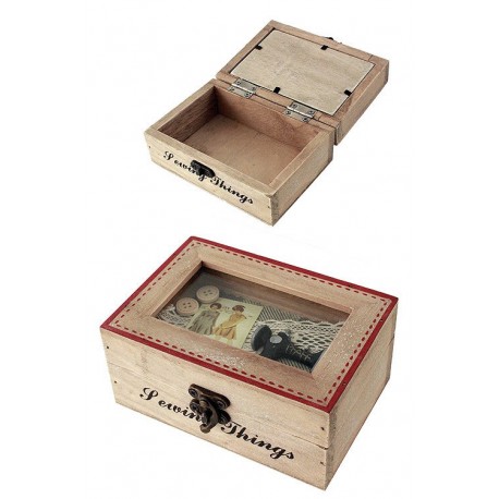 1T. Caja costura rústica madera con decoración «Máquina de coser»