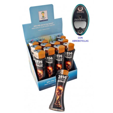4T. Exp. con 12 encendedores piezo gigantes «FIFA World Cup Brazil 2014». Con licencia. Con abrebotellas