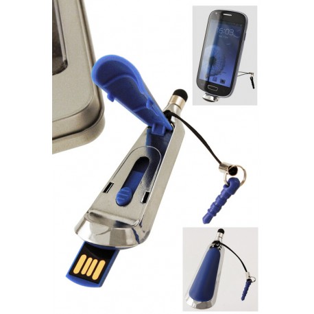 5T. USB 4 Gb+puntero táctil+soporte smartphone «3 en 1» azul en caja metal
