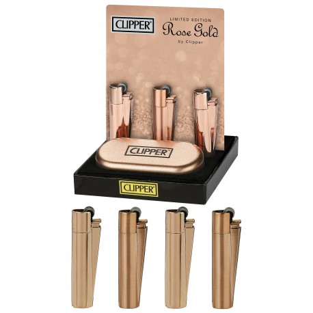 4T. Expositor con 12 encendedores «Clipper» ROSE GOLD con estuche de metal