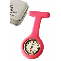 1T. Reloj de colgar en silicona rosa con imperdible «Nurse». En estuche metálico.