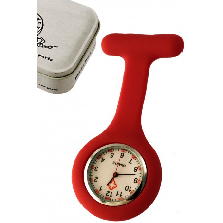 1T. Reloj de colgar en silicona rojo con imperdible «Nurse». En estuche metálico.