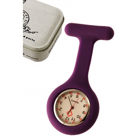 1T. Reloj de colgar en silicona morado con imperdible «Nurse». En estuche metálico.