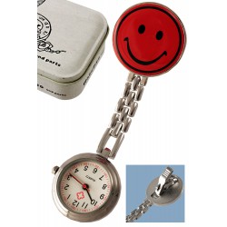 1T. Reloj de colgar rojo «Smile» metálico con pinza. En estuche metálico.