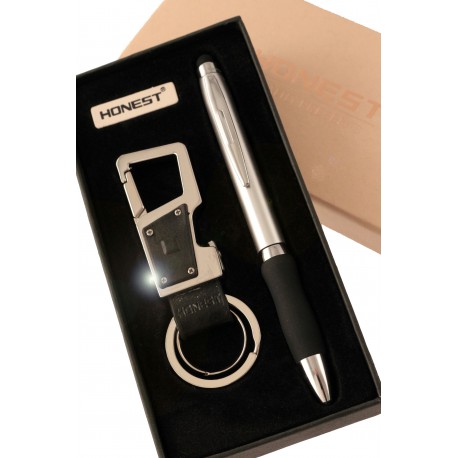 1T. Estuche con bolígrafo y llavero abrebotellas/linterna metálico color gun metal