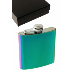 1T. 6 oz. Metallic flask iridiscent blue/emerald with case.