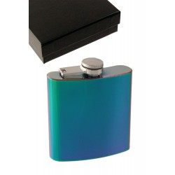 1T. 6 oz. Metallic flask iridiscent blue/green with case.