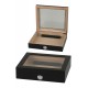 3T. Matte black humidor with hygrometer and humidifier and glass windows.