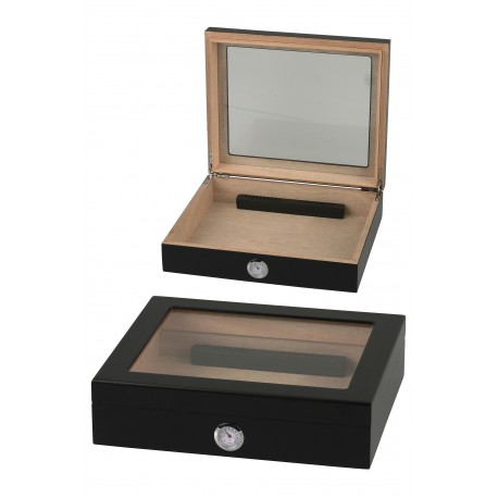 3T. Matte black humidor with hygrometer and humidifier and glass windows.