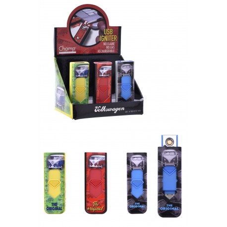 3T. Expositor con 12 encendedores de resistencia «Champ VW» Recarga por USB.