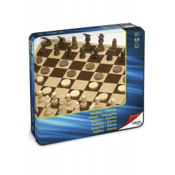3T. Wooden Chess-Checkers in Metal Box
