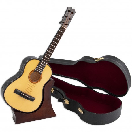 5T. Guitarra española decorativa miniatura en madera. Con estuche y soporte