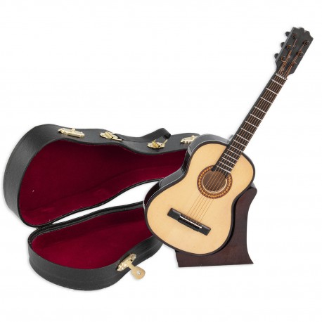 5T. Decorative miniature wooden spanish guitar. With case & support