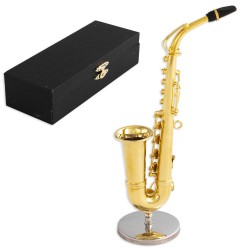 5T. Saxofón metálico decorativo miniatura. Con soporte metálico y estuche