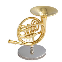 5T. Trompa metálica decorativa miniatura. Con soporte metálico y estuche