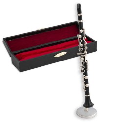 5T. Decorative miniature black clarinet. With metallic support & case