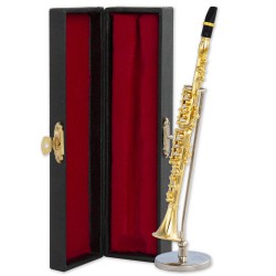 5T. Decorative miniature metallic clarinet. With metallic support & case