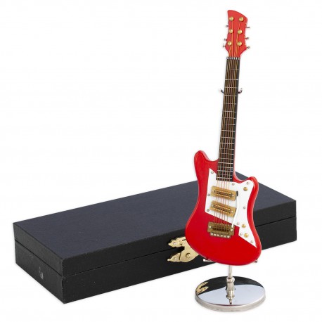 5T. Decorative miniature red electric guitar in wood. With metallic support & case