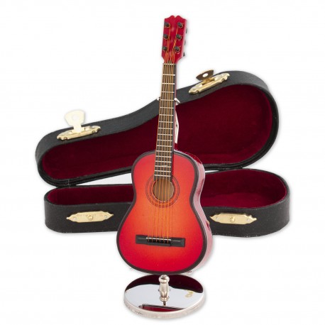5T. Guitarra española decorativa roja. Miniatura en madera. Con estuche y soporte