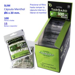 1T. 100 filtros LONG CAPSULA MENTHOL filters «Slim 6 mm.» Display with 15 bags «Tar Gard»
