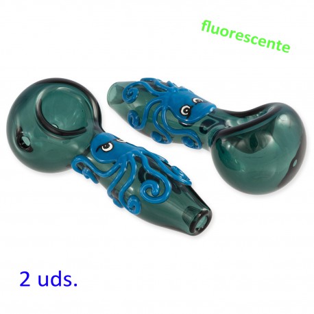 1T. Set de 2 Pipas de cristal verde fluorescente «Pulpo»