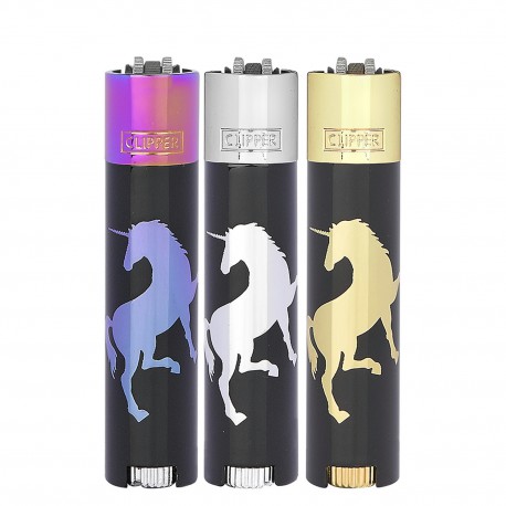 4T. Display with 12 lighters Clipper  «UNICORNS MIX». Con estuche de metal