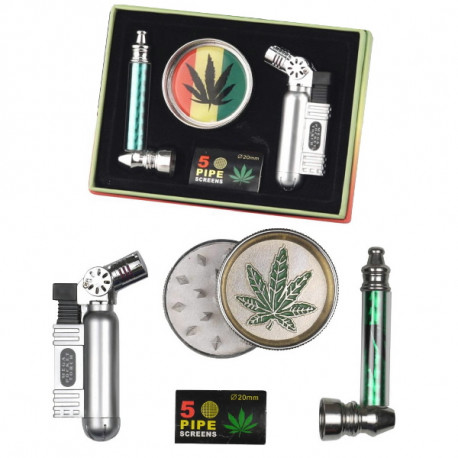 3T. Set de pipa metal, mallas, grinder y encendedor