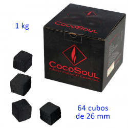 4T. Box of 1 Kg. Charcoal «COCOSOUL» with 64 dice of 2.6x2.6x2.6 cm