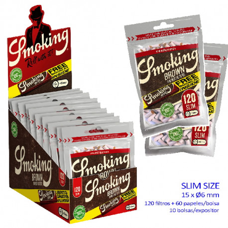 4T. Exp. de filtros «Smoking» Brown Slim de 6 mm. (10 bolsas x 120 filtros) + librito Brown