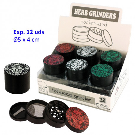 1T. Ø5 x 4 cm. Exp. 12 grinders con 4 partes «skull» blanca, verde y roja