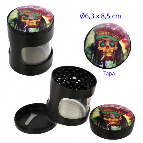 4T. Ø 6,3 cm. Grinder metal «rasta skull» 3 partes c/ventana