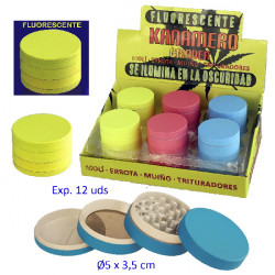 1T. Ø 5 cm. Expositor con 12 trituradores metal «Kañamero» 4 partes colores surtidos
