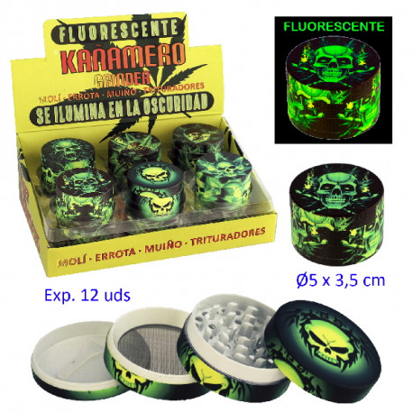 1T. Ø5 cm. Expositor con 12 trituradores metal «Kañamero calavera» 4 partes