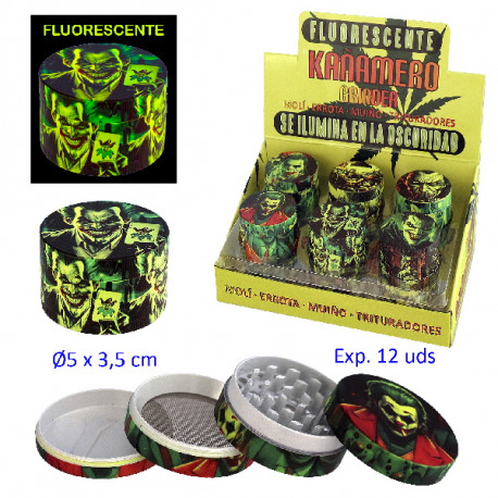 1T. Ø5 cm. Expositor con 12 trituradores metal «Kañamero joker» 4 partes