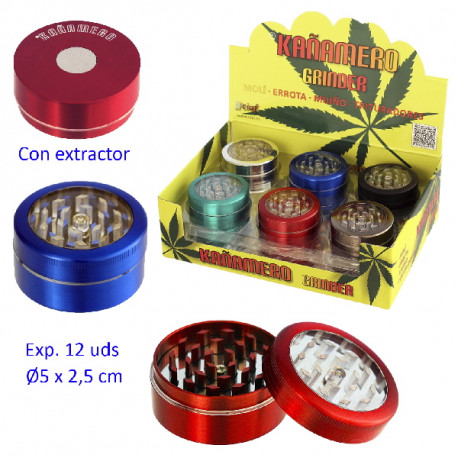 1T. Ø 5 cm. Expositor con 12 trituradores metal «Kañamero» 2 partes c/extractor