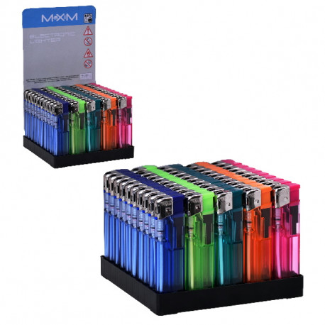 5T. Expositor con 50 encendedores electronicos transparentes «Maxim»