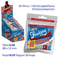4T. Exp. de filtros «Smoking» Slim de 6 mm. (40 bolsas x 60 filtros) + librito Regular Blue