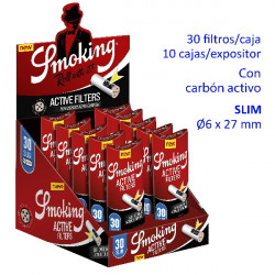 4T. Expositor con 10 cajas 30 filtros «Smoking» Ø 6 mm. carbón activo de coco natural