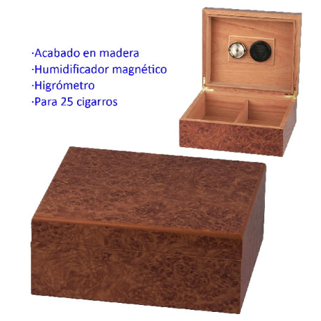 3T. Humidor acabado madera para 25 cigarros con humidificador/imán, higrómetro
