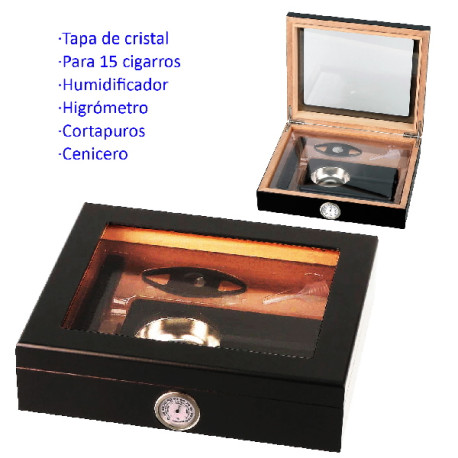 3T. Set de regalo humidor negro con tapa de cristal para 15 cigarros con higrómetro, humidificador, cortador, cenicero