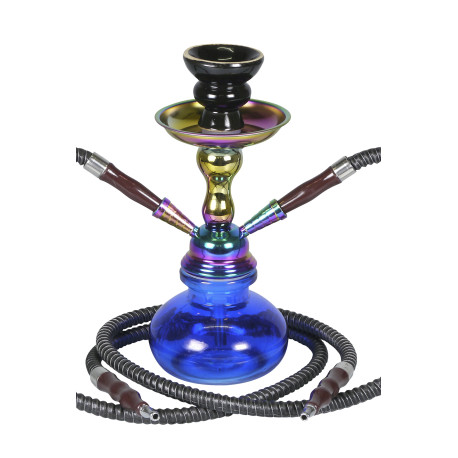 3T. 25 cm. Shisha «Rainbow» cristal azul y cuerpo iridiscente, con 2 mangueras