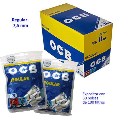 4T. Filtros «OCB» Regular 7,5 mm Expositor con 30 bolsas de 100 filtros