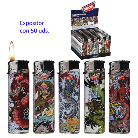 3T. Expositor con 50 encendedores piezo «Prof» Dragons