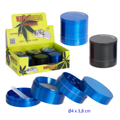 1T. Ø40 mm. Expositor con 6 trituradores (grinders) metal «Kañamero» 4 partes