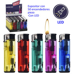 3T. Expositor con 50 encendedores piezo «Prof» translúcidos con led