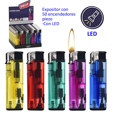 3T. Expositor con 50 encendedores piezo «Prof» translúcidos con led