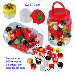 1T. Bote con 100 cajitas de cristal con tapa de silicona