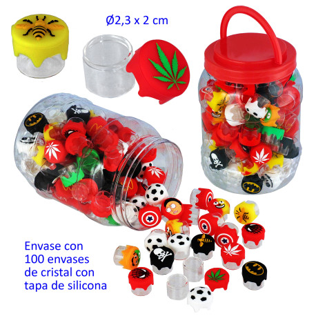 1T. Bote con 100 cajitas de cristal con tapa de silicona