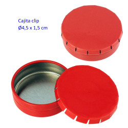 1T. Ø4,5 cm. Cajita metal autocierre «click» roja