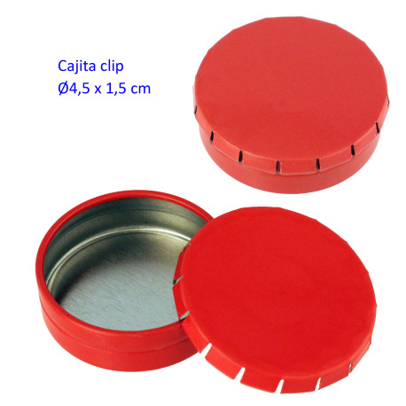 1T. Ø4,5 cm. Cajita metal autocierre «click» roja